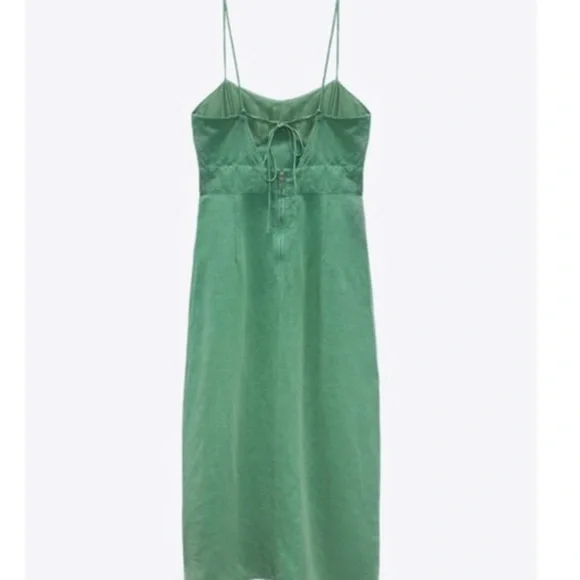 Zara Green Midi Dress with Slit linen medium women’s dress #902 - Picture 3 of 8